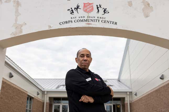 This image provided by The Chronicle of Philanthropy shows Jeff Koonce, member service coordinator at the Ray and Joan Kroc Corps Community Center in Biloxi, Miss., in Feb. 2023. Koonce said he loves the reaction of former residents when they return to the low-income neighborhood and see the gleaming, 52,000 square-foot, state-of-the art recreation palace. (Christiana Botic/The Chronicle of Philanthropy via AP)