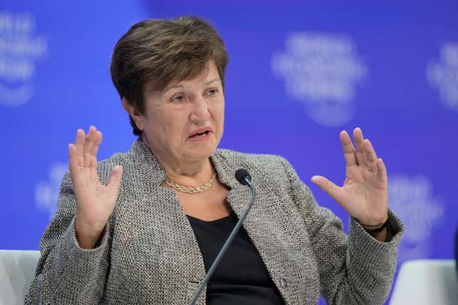 FILE - Kristalina Georgieva, Managing Director of the International Monetary Fund takes part in a panel discussion at the Annual Meeting of World Economic Forum in Davos, Switzerland, Jan. 17, 2024. Strong economic activity in the United States and emerging markets is projected to help drive global growth by about 3% in 2024, the International Monetary Fund chief said Thursday, below the annual historic average and a warning sign about potential lackluster performances through the 2020s. (AP Photo/Markus Schreiber, File)