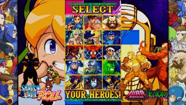 The Marvel vs Capcom character select screen with Shadow Lady, Roll, War Machine, and Venom shown.