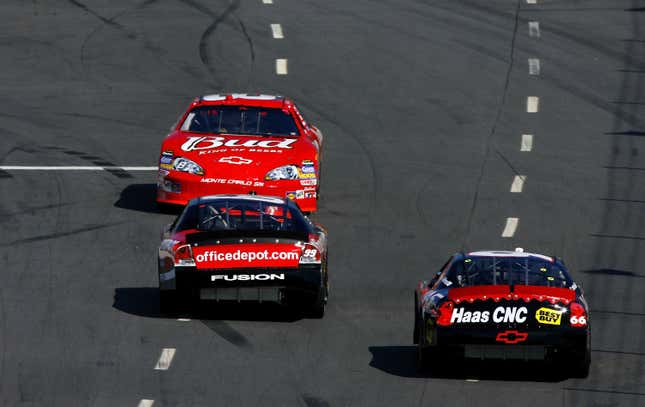 Dale Earnhardt Jr., driver of the #8 Budweiser Chevrolet, faces the wrong way after spinning out on the track in front of Carl Edwards, driver of the #99 Office Depot Ford, and Jeff Green, driver of the #66 Best Buy Chevrolet, during practice for the NASCAR Nextel Cup Series Subway 500 on October 20, 2006 at Martinsville Speedway in Martinsville, Virginia