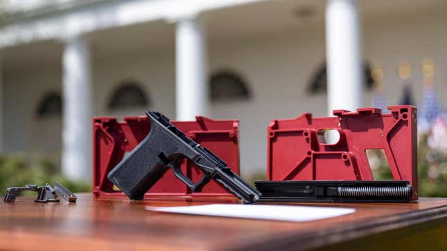 A ghost gun is displayed before the start of an event about gun violence in the Rose Garden of the White House April 11, 2022 in Washington, DC. Biden announced a new firearm regulation aimed at reining in ghost guns, untraceable, unregulated weapons made from kids. Biden also announced Steve Dettelbach as his nominee to lead the Bureau of Alcohol, Tobacco, Firearms and Explosives 