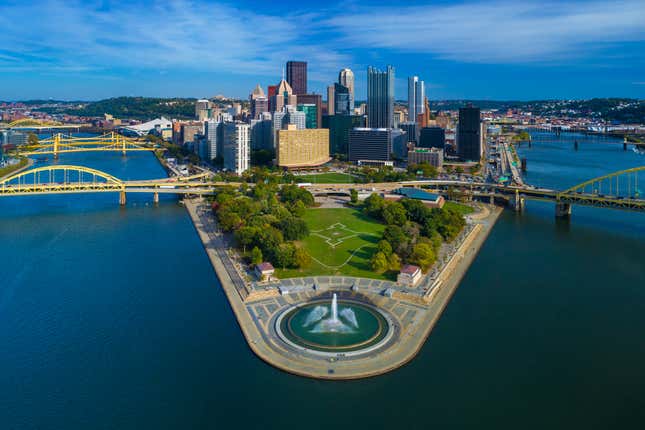 Downtown Pittsburgh skyline aerial view of Fort Duquesne, Point State Park.