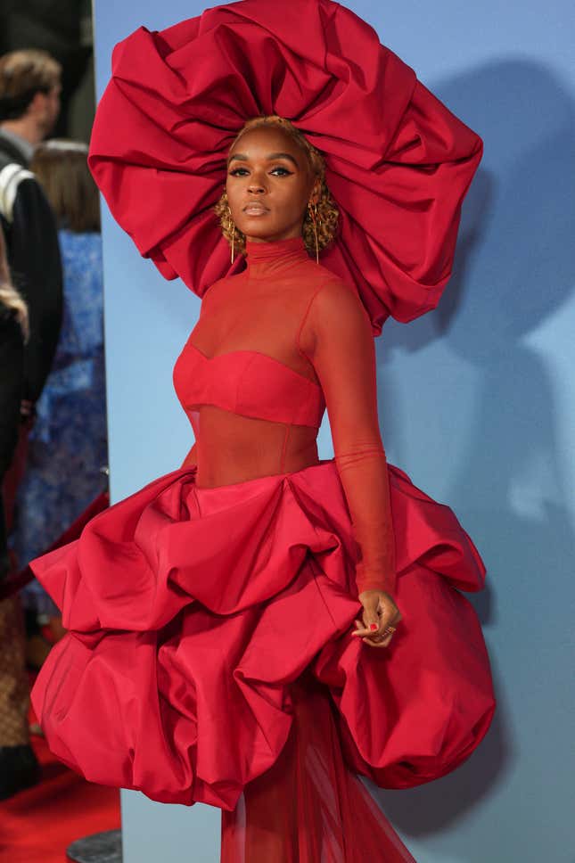 Janelle Monáe poses for photographers upon arrival for the premiere of the film ‘Glass Onion: A Knives Out Mystery’ and the closing evening of the 2022 London Film Festival in London, Sunday, Oct. 16, 2022.