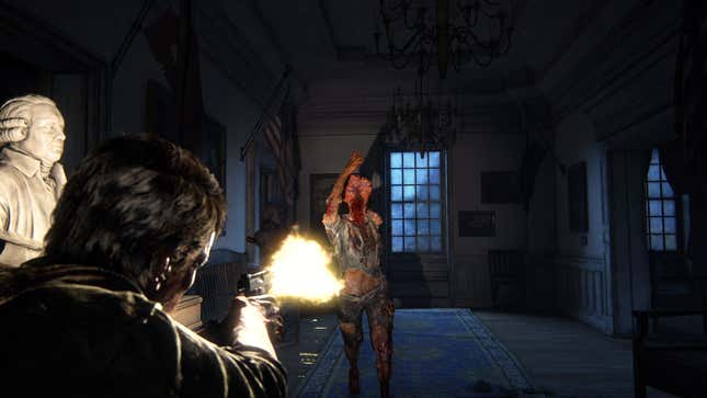 Joel fires a gun at a clicker.
