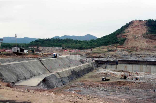 FILE - Construction work takes place, at the site of the Grand Ethiopian Renaissance Dam near Assosa, Ethiopia on June 28, 2013. Egypt, Ethiopia and Sudan resumed their years-long negotiations Sunday Aug. 27, 2023 over the controversial dam Ethiopia is building on the Nile River’s main tributary, officials said. (AP Photo/Elias Asmare, File)