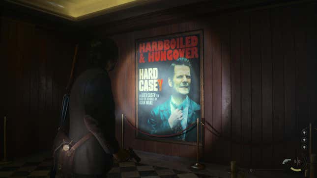 Alan Wake shines a light on a poster for a film featuring his character, Alex Casey.