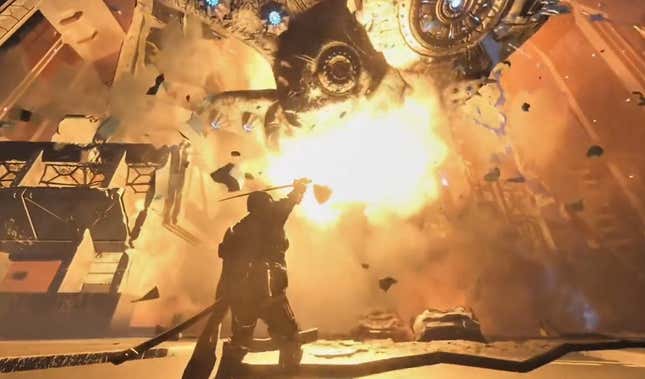 A Helldiver holds up a sword as a ship crashes in front of them.