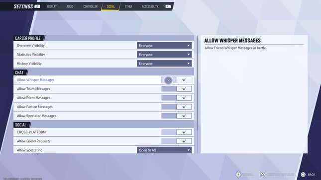 The Social Settings tab, with the cursor hovering over the Chat submenu.