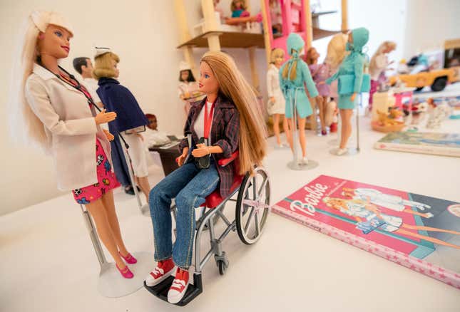 Various Barbie dolls, including a doll in a wheelchair, on display at the 2020 special exhibition “Busy girl - Barbie makes a career” at Schloss Bruchsal.