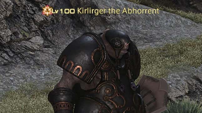 A large lizard like creature named Kirlirger the Abhorrent stands in a field