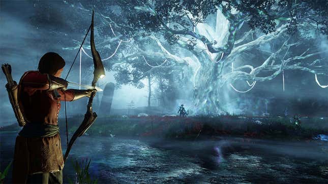 A screenshot from Amazon MMO New World showing an archer aiming at a far-off target. 
