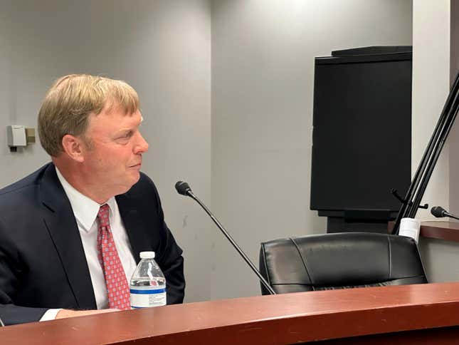 Benjamin Tarbutton III, the president of the Sandersville Railroad, testifies on Monday, Nov. 27, 2023, during a Public Service Commission hearing in Atlanta. The railroad is seeking permission to condemn property to build a 4.5-mile railroad line near Sparta, Ga., over opposition from property owners (AP Photo/Jeff Amy)