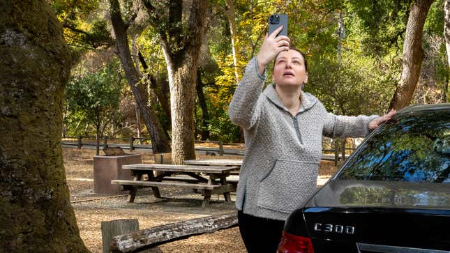 A photo of a person holding an iPhone up to the sky 