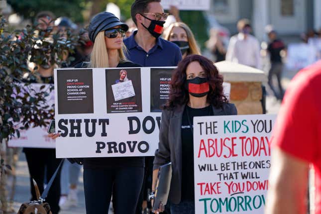 Paris Hilton leads a protest on Oct. 9, 2020, outside the boarding school in Provo, Utah.