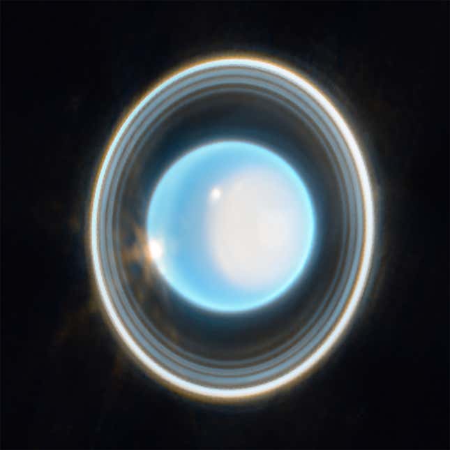 Concentric rings around Uranus, seen in representative color.