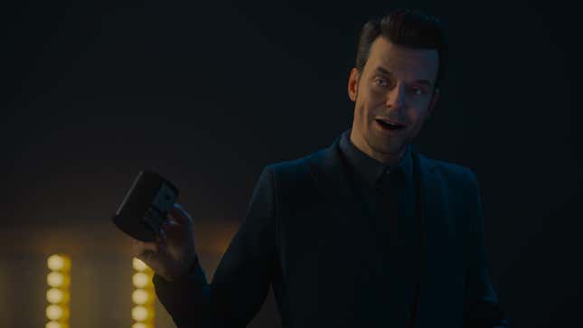 A director, played by Remedy creative director Sam Lake, gestures with a coffee cup in his hand.