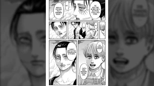 An image shows a manga panel from Attack on Titan. 