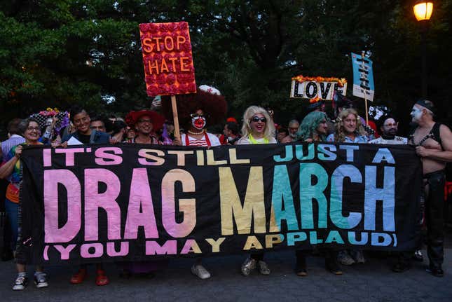 Image for article titled New York City's Drag March Brought the Glamour, Glitter, Feathers, and Leather