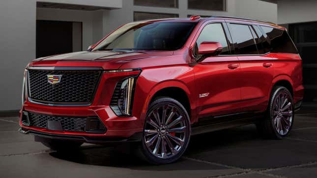 Una foto de un todoterreno Cadillac Escalade de color rojo. 