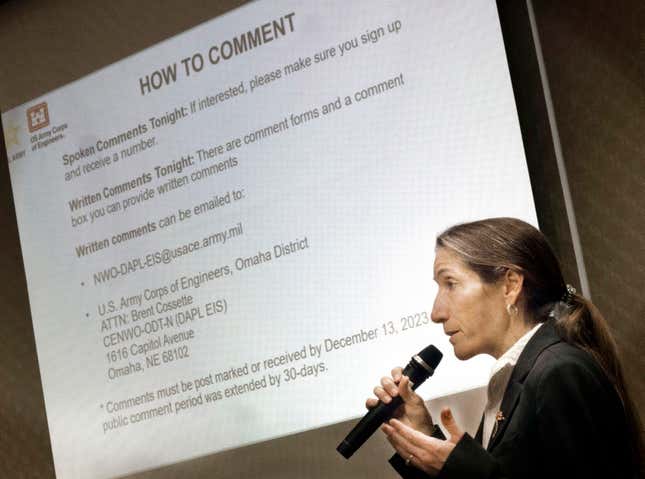 U.S. Army Corps of Engineers Operations Division Chief Sheila Newman outlines procedures for spoken and written comments during a Dakota Access Pipeline public meeting at the Radisson Hotel in Bismarck, N.D. on Thursday, Nov. 2, 2023. (Darren Gibbins/The Bismarck Tribune via AP)