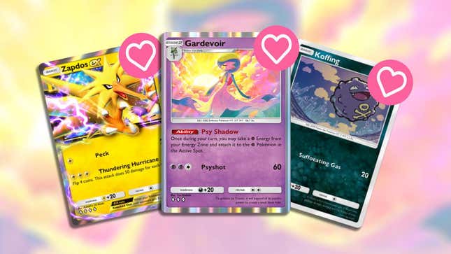 Three Pokemon cards, with wishlist hearts set top right, on a blurred background.