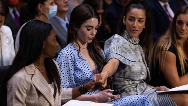 WASHINGTON, DC - SEPTEMBER 15: U.S. gymnasts from left, Simone Biles, McKayla Maroney, Aly Raisman, and Maggie Nichols, arrive to testify during a Senate Judiciary hearing.