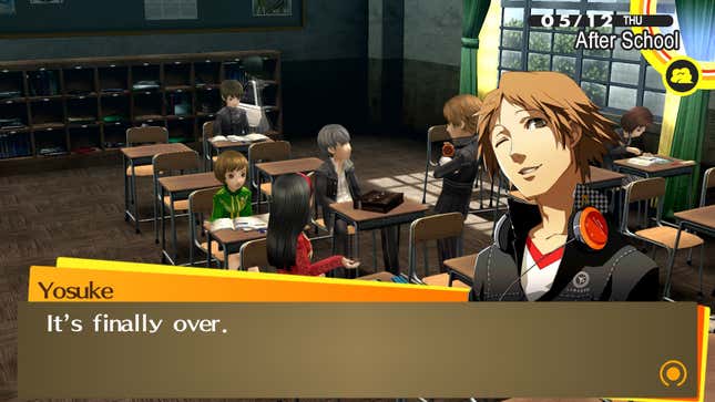 Chie, Yu, Yukiko, and Yosuke are seen talking in a classroom, with Yosuke saying "It's finally over."