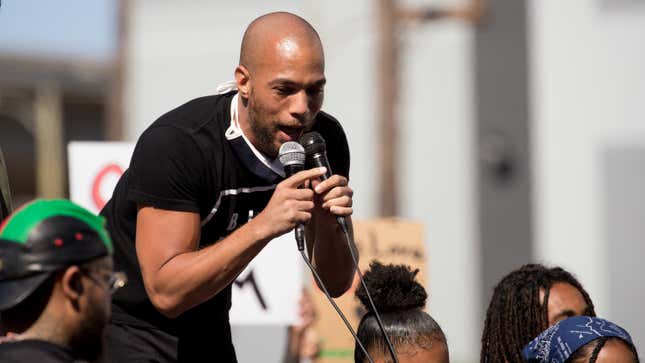 Kendrick Sampson speaks during the YG x BLMLA x BLDPWR protest and march June 07, 2020, in Los Angeles, California. 