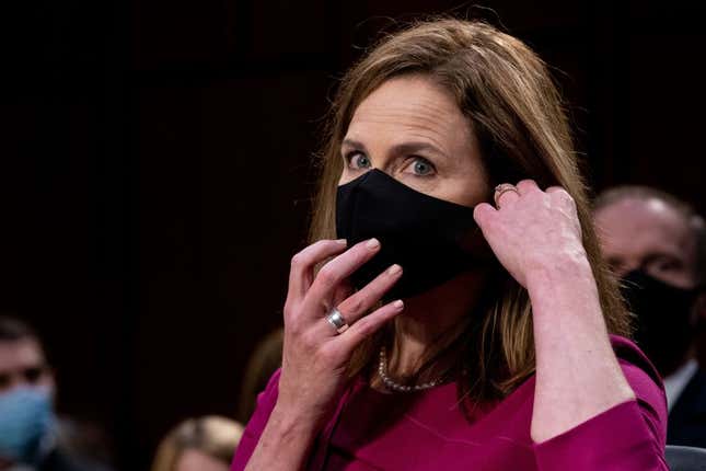 Judge Amy Coney Barrett, during the first day of her Senate confirmation hearing to the Supreme Court on Capitol Hill in Washington, DC on October 12, 2020.