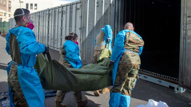 National Guard members assist with processing covid-19 deaths, placing them into temporary storage at the medical examiner-coroner’s office in Los Angeles. 