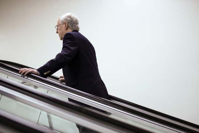 Senate Majority Leader Mitch McConnell (R-KY) takes an escalator after a meeting with Secretary of State Mike Pompeo at the Sensitive Compartmented Information Facility (SCIF) at the U.S. Capitol.