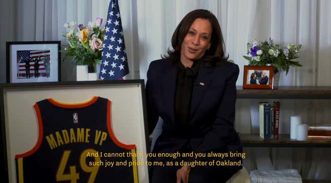 Image for article titled Golden State Warriors Honor &#39;Oakland&#39;s Own&#39; Madam Vice President With Signed Jersey, Video Presentation