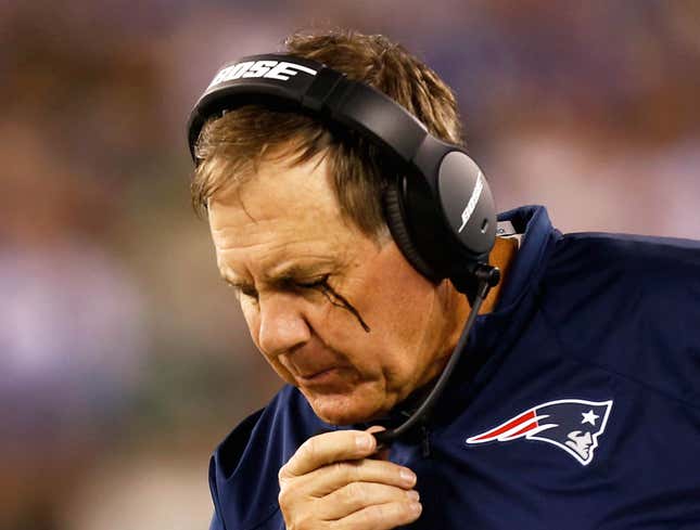 Image for article titled Emotional Bill Belichick Wipes Away Tar Streaming From Eyes After Super Bowl