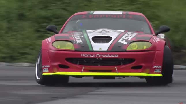 Image for article titled This GT-R Engine-Swapped Ferrari 550 Drift Car Is Pure Sacrilege and I Love It