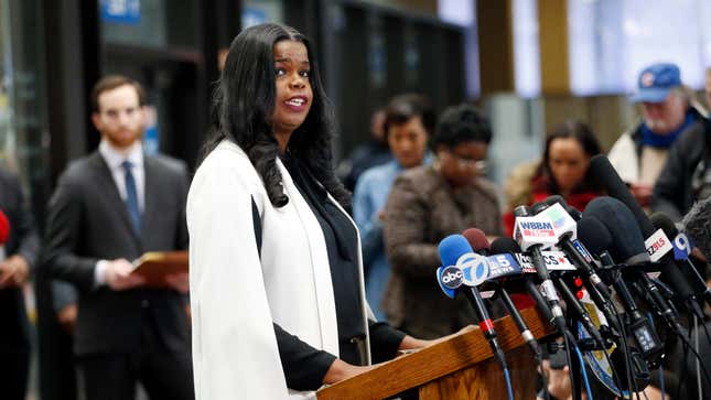 Cook County State’s attorney Kim Foxx speaks with reporters and details the charges against R. Kelly’s first court appearance on February 23, 2019 in Chicago, Illinois.