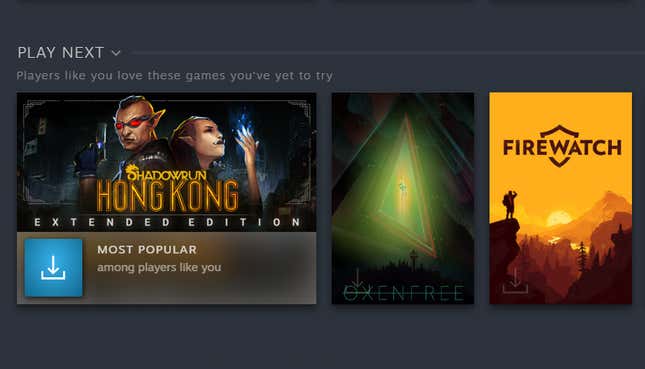 Image for article titled Steam’s New &#39;Play Next&#39; Recommendation Feature Mostly Sticks To Hits