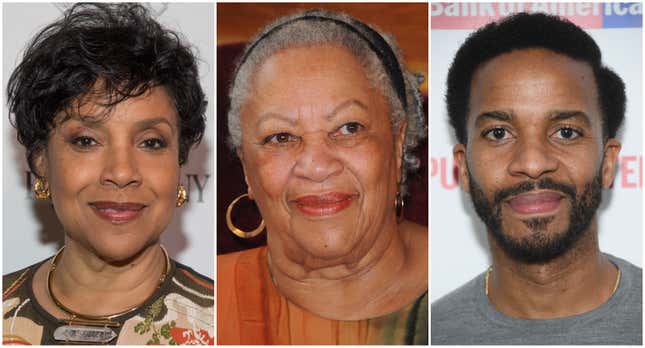 (l-r) Phylicia Rashad attends the Fast Company Grill on March 09, 2019 in Austin, Texas; Toni Morrison receives the Honor Medal of The City of Paris on November 4, 2010 in Paris, France; Andre Holland attends ‘White Noise’ Opening Night at The Public Theater on March 20, 2019 in New York City.