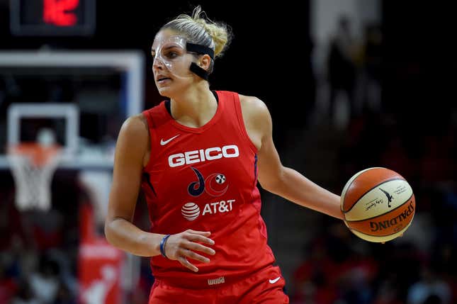 Elena Delle Donne #11 of the Washington Mystics dribbles against the Connecticut Sun during the second half of WNBA Finals Game One at St Elizabeths East Entertainment &amp; Sports Arena on September 29, 2019 in Washington, DC.