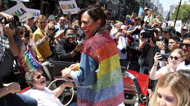 Democratic presidential candidate U.S. Sen. Kamala Harris (D-Calif.) rides in a car during the SF Pride Parade on June 30, 2019 in San Francisco.