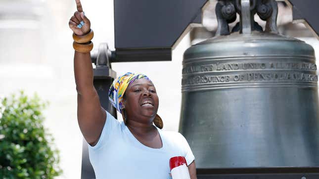 Valencia Robinson with Mississippi In Action, a reproductive justice organization, addresses abortion rights advocates, May 21, 2019, at the Capitol in Jackson, Miss.