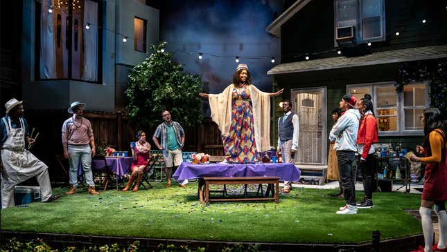 (l-r) James Vincent Meredith (Avery), Tony Santiago (Nunley), Michele Vazquez (Vivien), Pat Whalen (Ricky), J. Nicole Brooks (Mallory), Robert Cornelius (Robinson), Tommy Rivera-Vega (Ezekiel), Sydney Charles (Zora) and Aurora Adachi-Winter (Tori) in  Lottery Day at the Goodman Theatre.