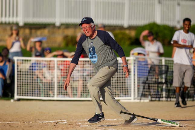 Image for article titled I Could Watch Bernie Sanders Play Competent Softball on a Loop Until I Die
