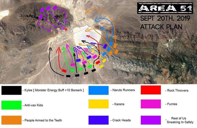 Alleged Area 51 attack plan spread on social media. Disclaimer: author is not participating as part of the Kyle group.
