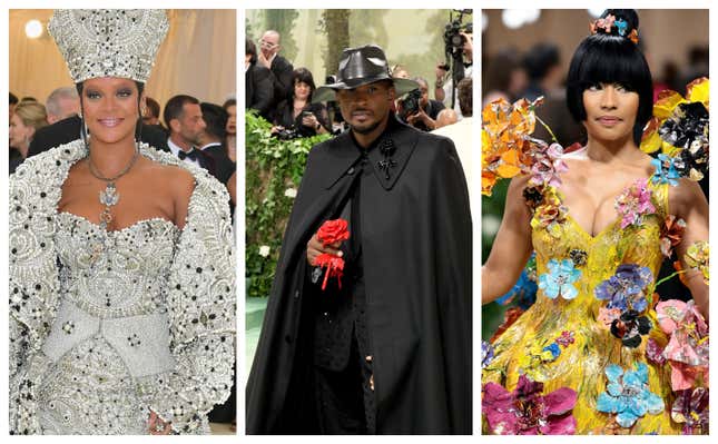 (L to R): Rihanna at the 2018 Met Gala, Usher at the 2024 Met Gala, Nicki Minaj at the 2024 Met Gala.