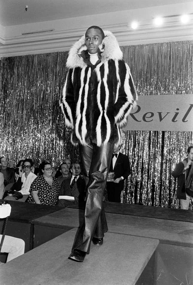 Model Sterling St. Jacques at Fernando Sanchez for Revillon Furs Fall 1976 Runway