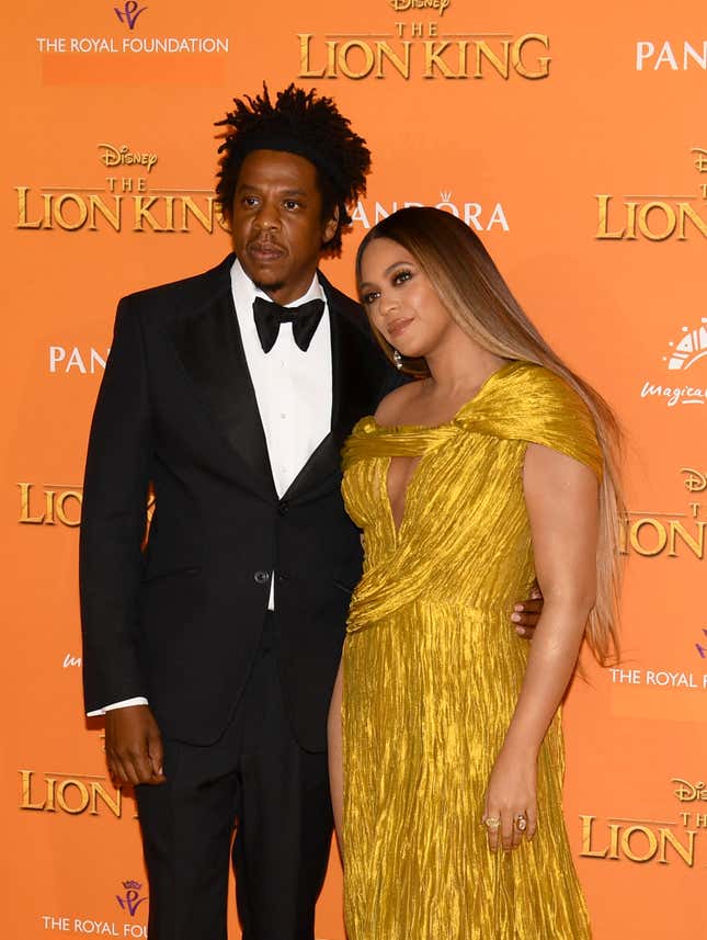 LONDON, ENGLAND - JULY 14: Beyonce Knowles-Carter and Jay-Z attend the European Premiere of Disney’s “The Lion King” at Odeon Luxe Leicester Square on July 14, 2019 in London, England.