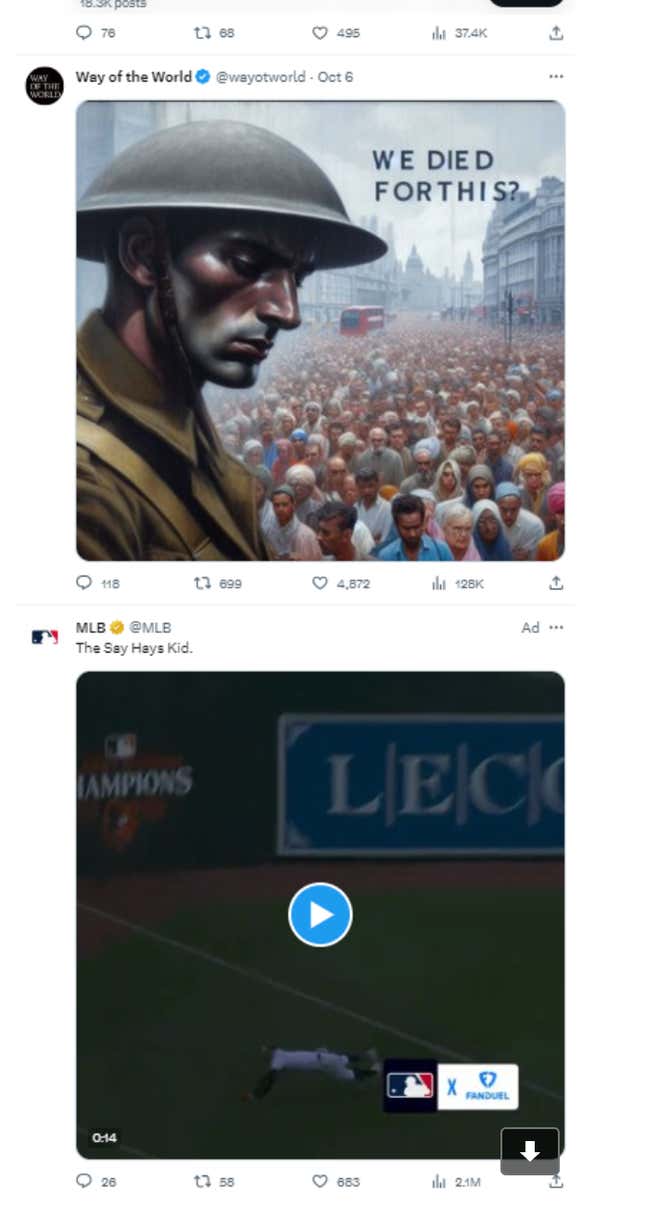 Image for article titled MLB ads showing up on antisemitic X account as war between Israel and Hamas continues to rage