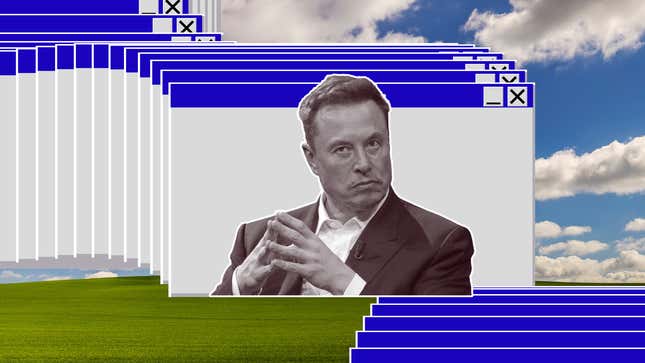 An illustration of Elon Musk set against a classic Windows XP screensaver.