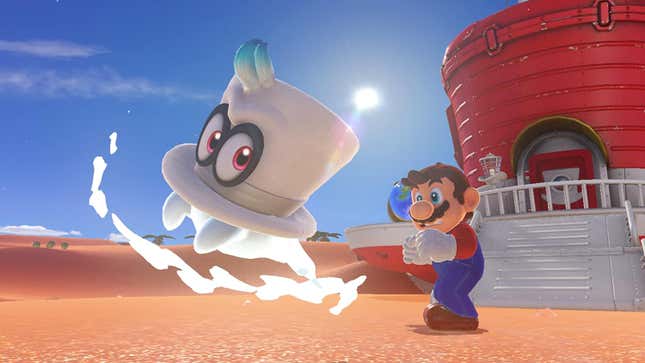 Mario has a scared expression looking at a spooky ghost hat.