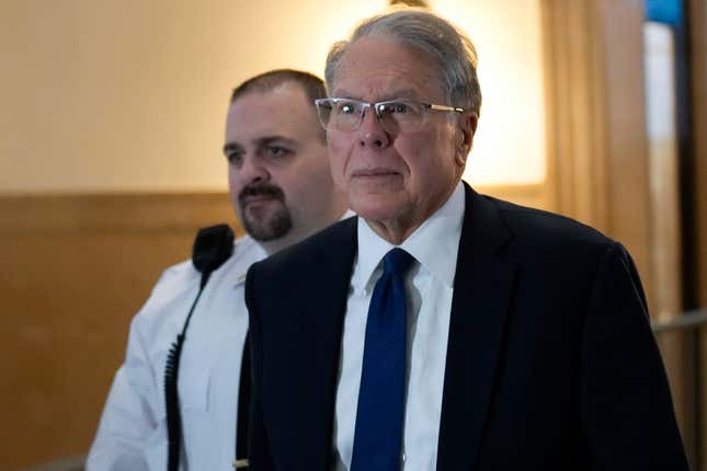 Wayne LaPierre, CEO of the National Rifle Association, arrives to a courtroom in New York, Monday, Jan. 8, 2024. The longtime head of the National Rifle Association is resigning, just before the start of a New York civil trial that&#39;s poised to scrutinize his leadership of the powerful gun rights organization. The trial in New York Attorney General Letitia James&#39; lawsuit against the NRA, LaPierre and others who have served as organization executives is scheduled to start this week.(AP Photo/Seth Wenig)